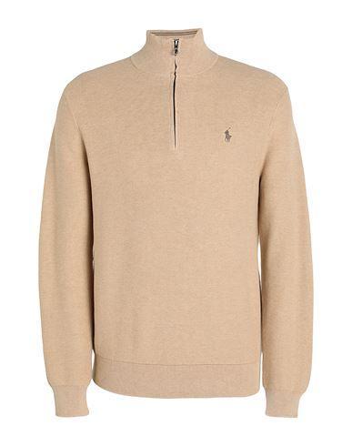 POLO RALPH LAUREN Mesh-knit Cotton Quarter-zip Sweater Man Turtleneck Camel Size L Cotton In Beige Product Image