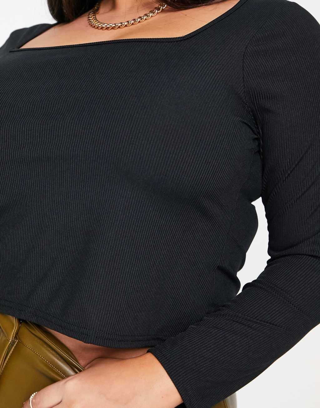 Yours ribbed square neck crop top in black Product Image