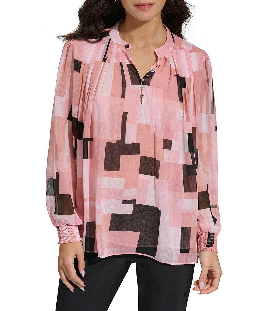 Calvin Klein Geometric Print Band Collar Long Sleeve Shirred Button-Front Blouse Product Image