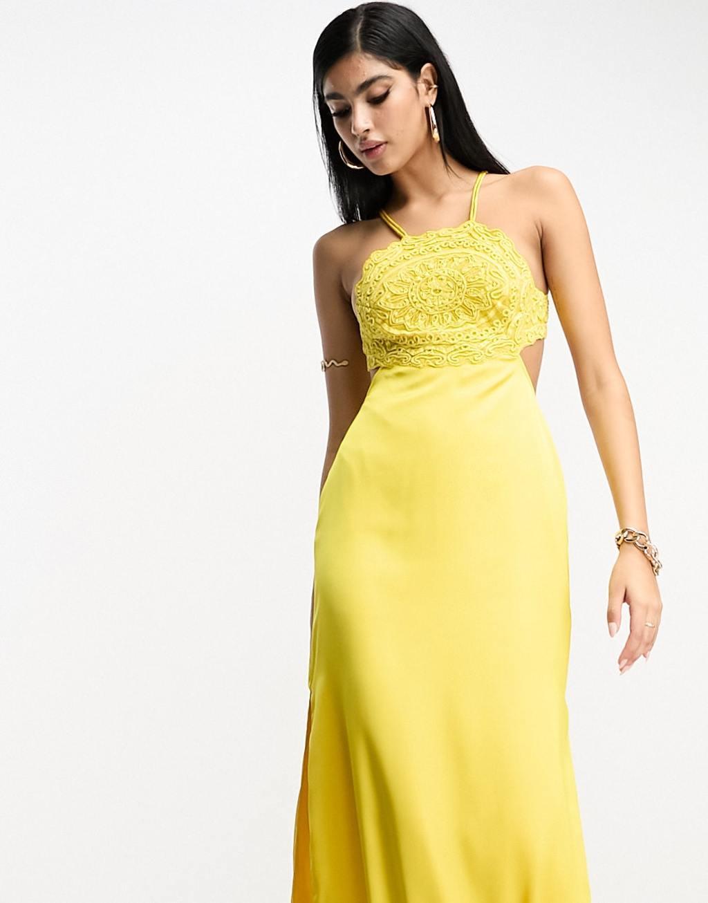 ASOS DESIGN embroidered bodice satin bias midi dress with open back in mustard Product Image