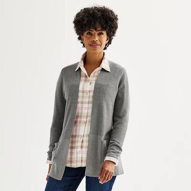 Womens Croft & Barrow Classic Ribbed Open-Front Cardigan Pink Grey Product Image