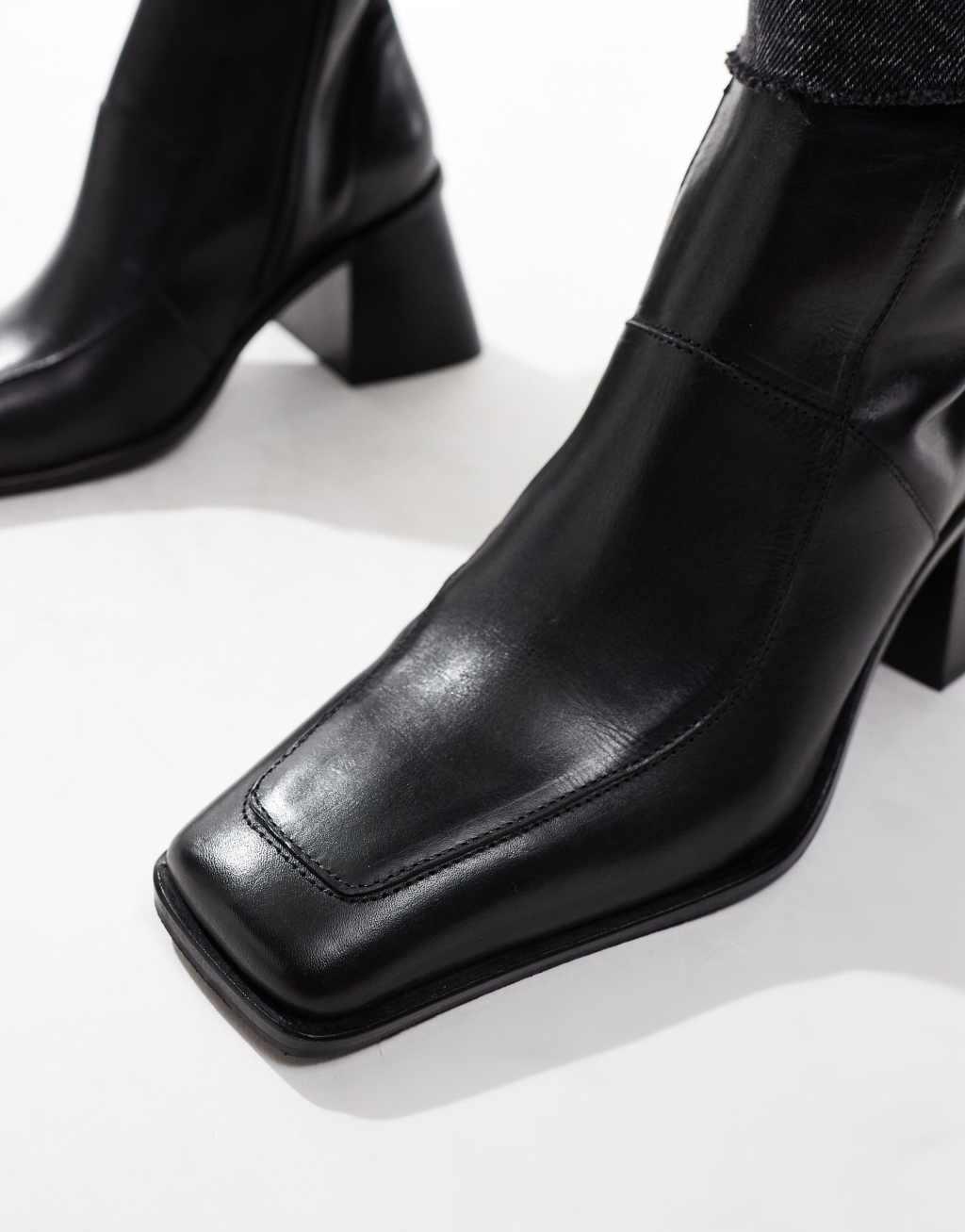 ASOS DESIGN Ria mid-heel leather boots in black Product Image