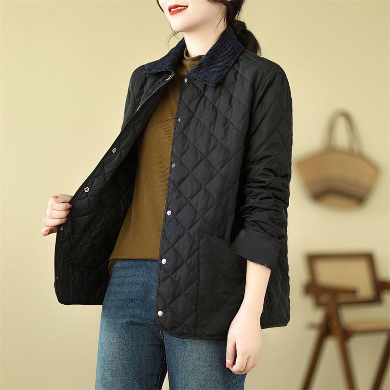 Contrast Collar Quilted Button-Up Jacket Product Image