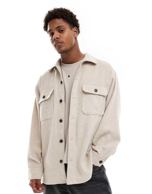 Jack & Jones heavy brushed twill overshirt in beige Product Image