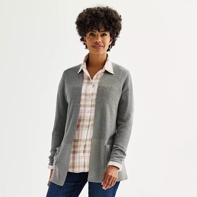 Womens Croft & Barrow Classic Ribbed Open-Front Cardigan Coal Grey Product Image