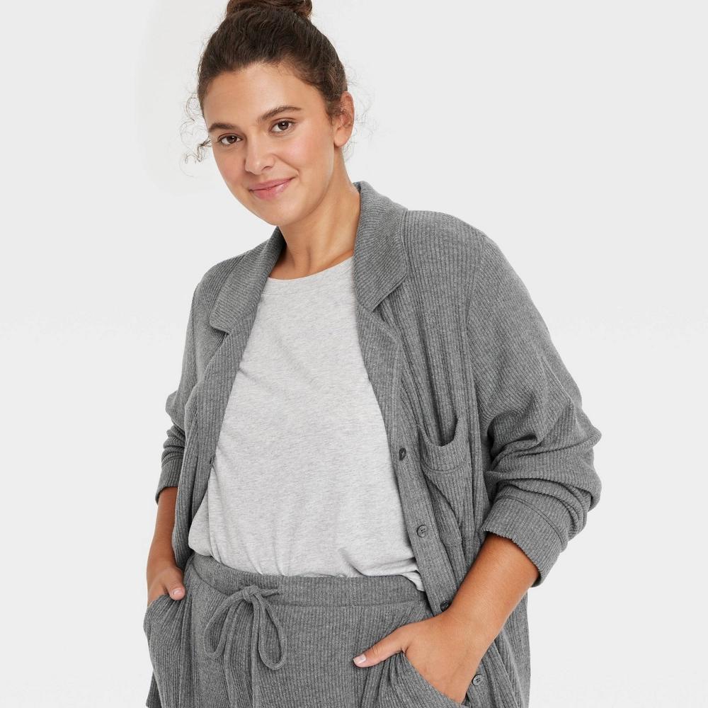 Women's Cozy Ribbed Long Sleeve Notch Collar Shirt and Pants Pajama Set - Auden™ Dark Gray 2X Product Image