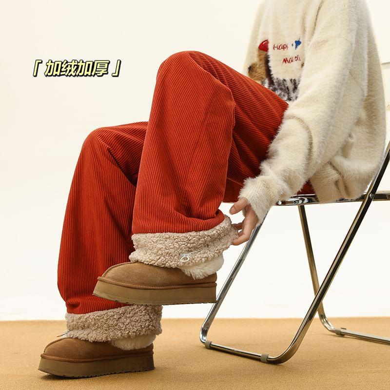 Mid Rise Fleece-Lined Corduroy Wide Leg Sweatpants Product Image