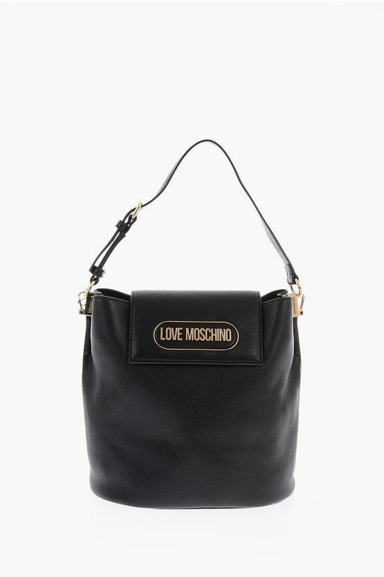 MOSCHINO Love Textured Faux Leather Bucket Bag With Embossed Logo In Black Product Image