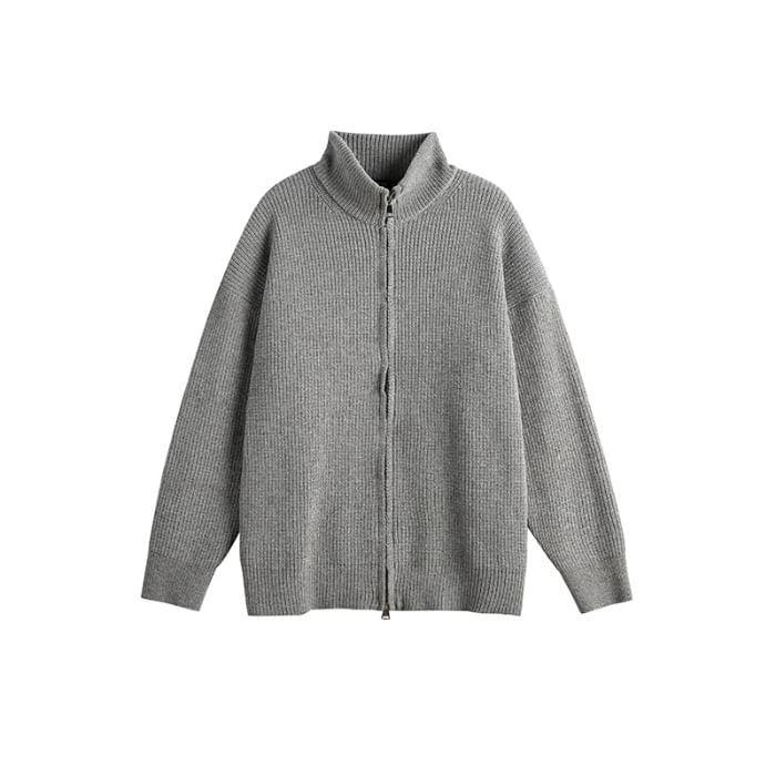 Stand Collar Plain Oversized Zip Cardigan Product Image