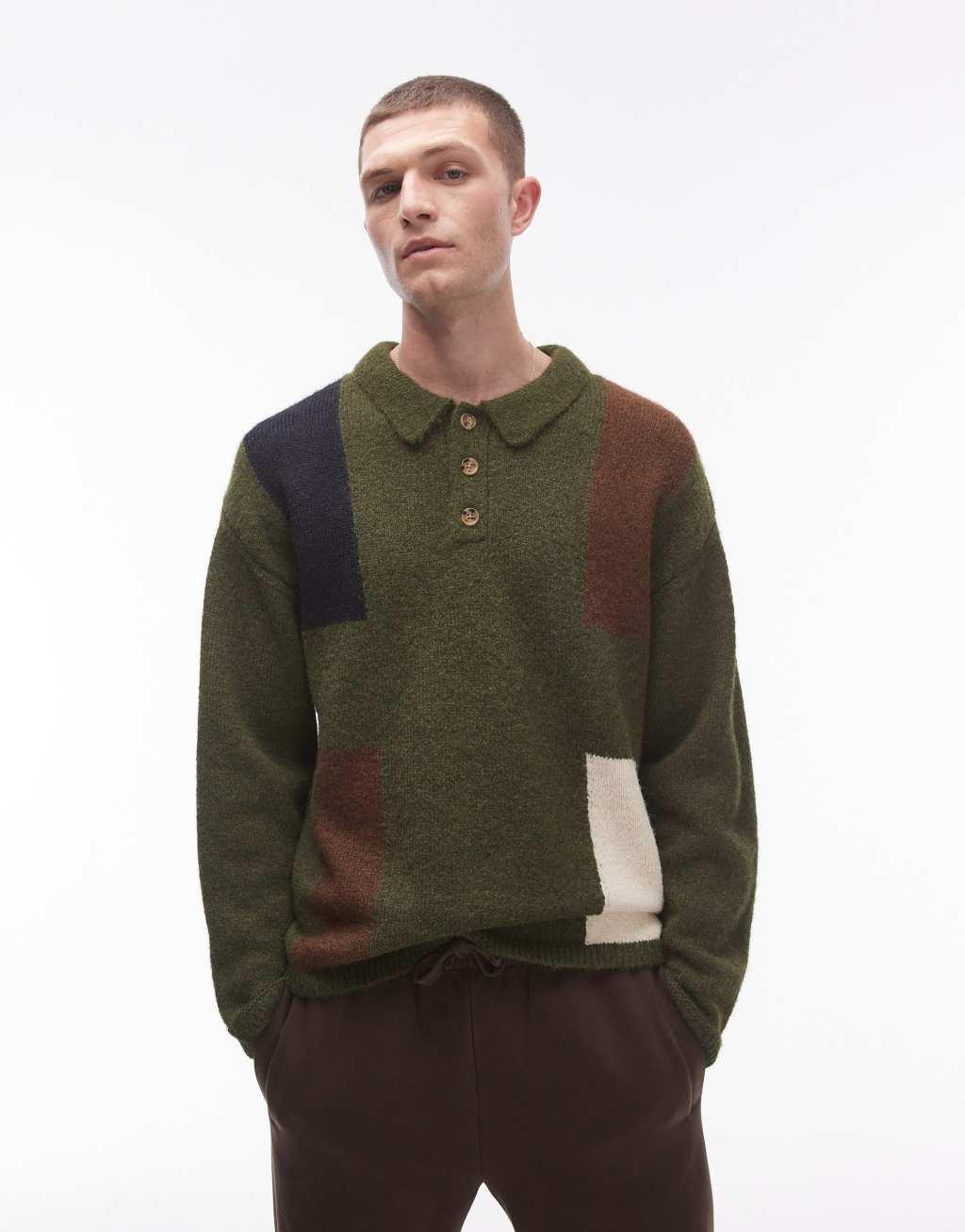 Topman color block polo in khaki Product Image