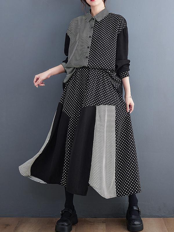 Loose Oversize Striped Polka-Dot Split-Joint Blouse Top A-Line Skirt Bottom Two Pieces Set Product Image