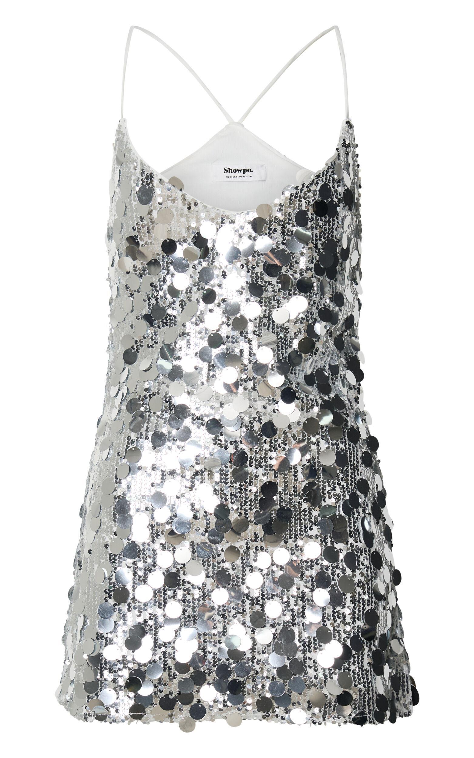 Amore Mini Dress - Sequin V Neck Slip Dress in Silver Product Image