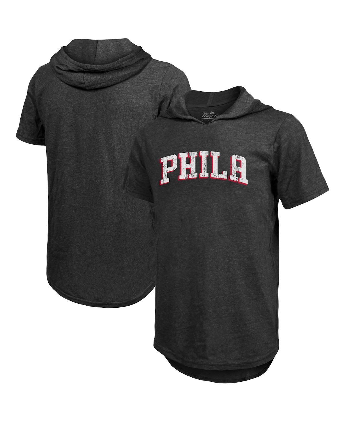 Mens Majestic Threads Heathered Black Philadelphia 76ers Wordmark Tri-Blend Hoodie T-shirt Product Image