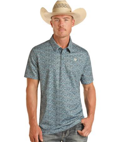 Rock & Roll Denim® Men's S/S Blue Longhorn Print Polo Product Image