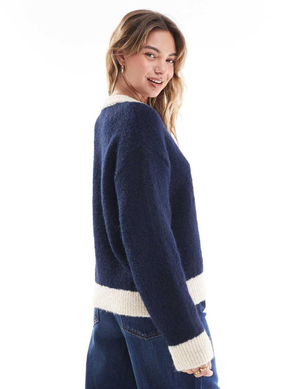 ASOS DESIGN wool blend fluffy knitted sweater in navy Product Image