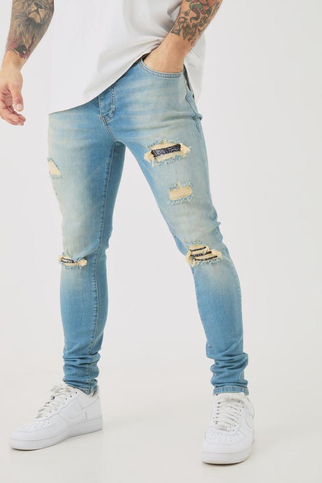 Skinny Stretch Ripped Bandana Jeans In Light Blue | boohooMAN USA Product Image