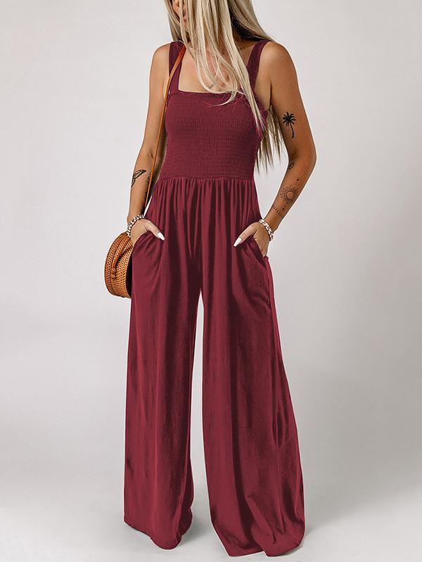 Sleeveless Wide Leg Pleated Solid Color Square-Neck Jumpsuits Product Image