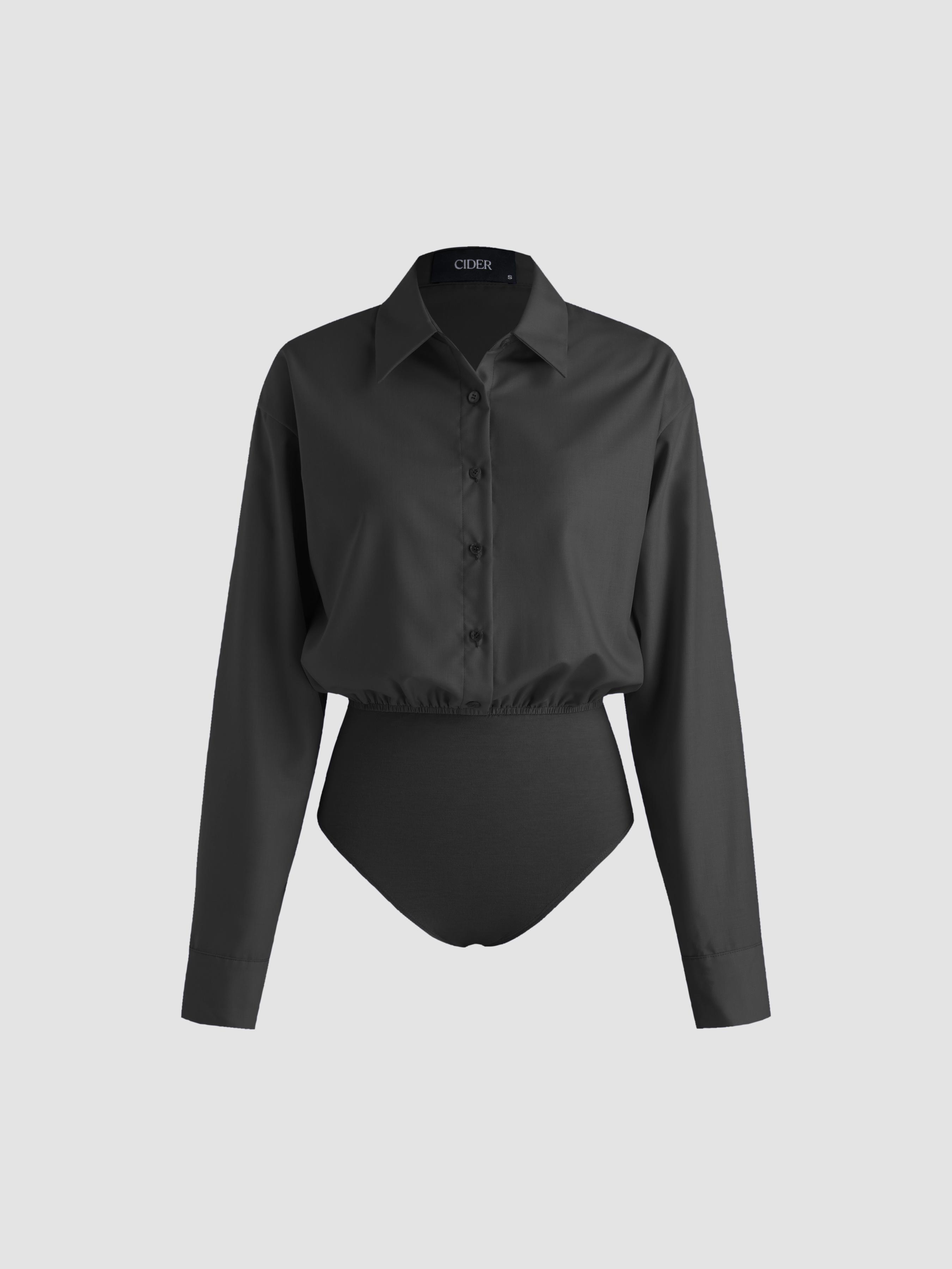 Collar Solid Button Long Sleeve Blouse Bodysuit Product Image