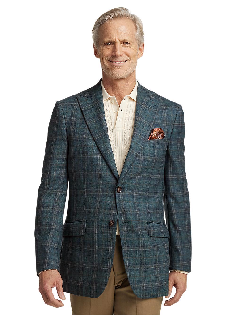 Wool Plaid Single Breasted Peak Lapel Sport Coat - Teal Product Image