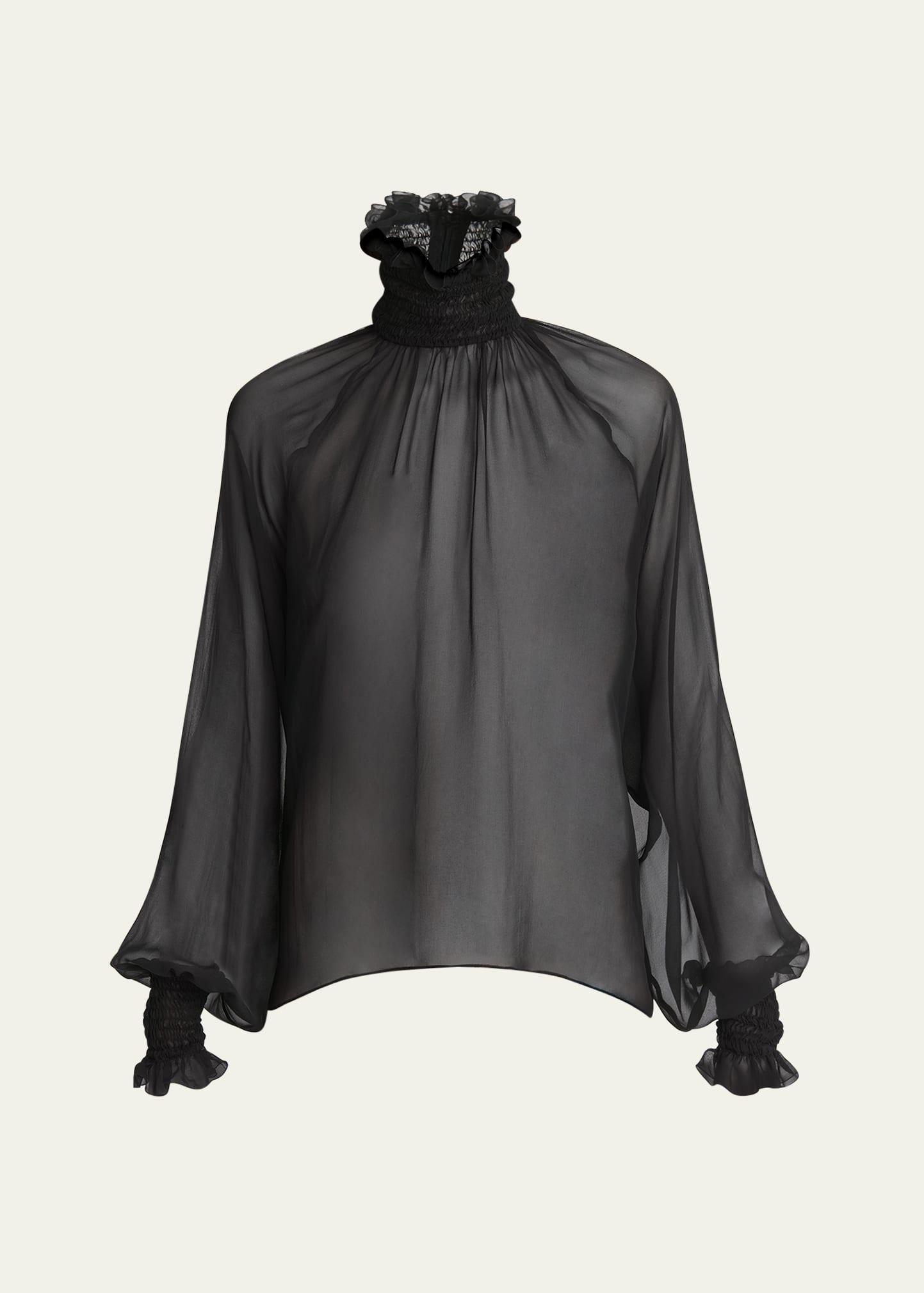 Dolce & Gabbana Smocked Long Sleeve Silk Chiffon Top Product Image