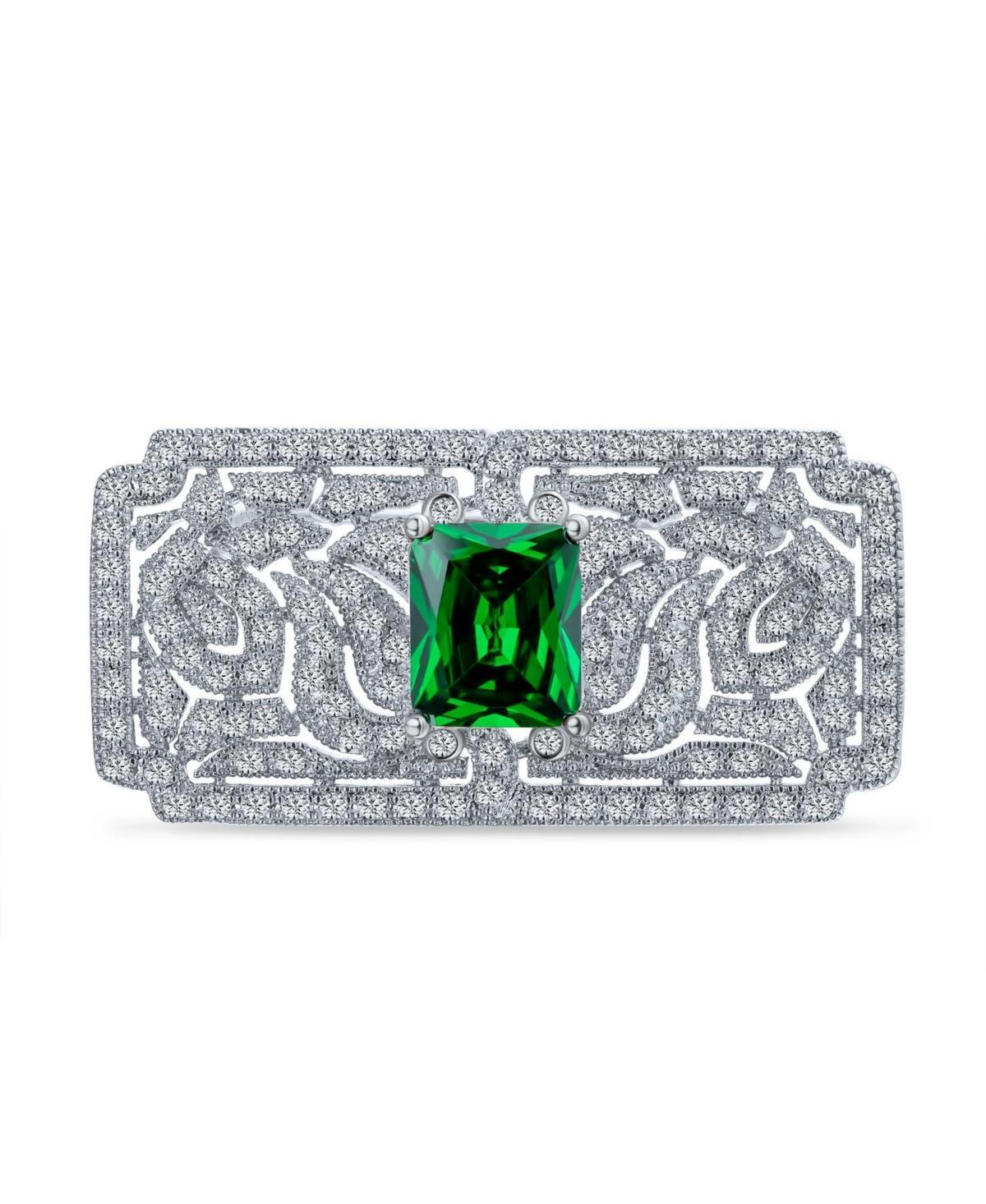 Bling Jewelry Big Estate Jewelry Simulated Green Emerald Aaa Cz Rectangle Filigree Statement Art Deco Style Brooch Pin For Women Product Image