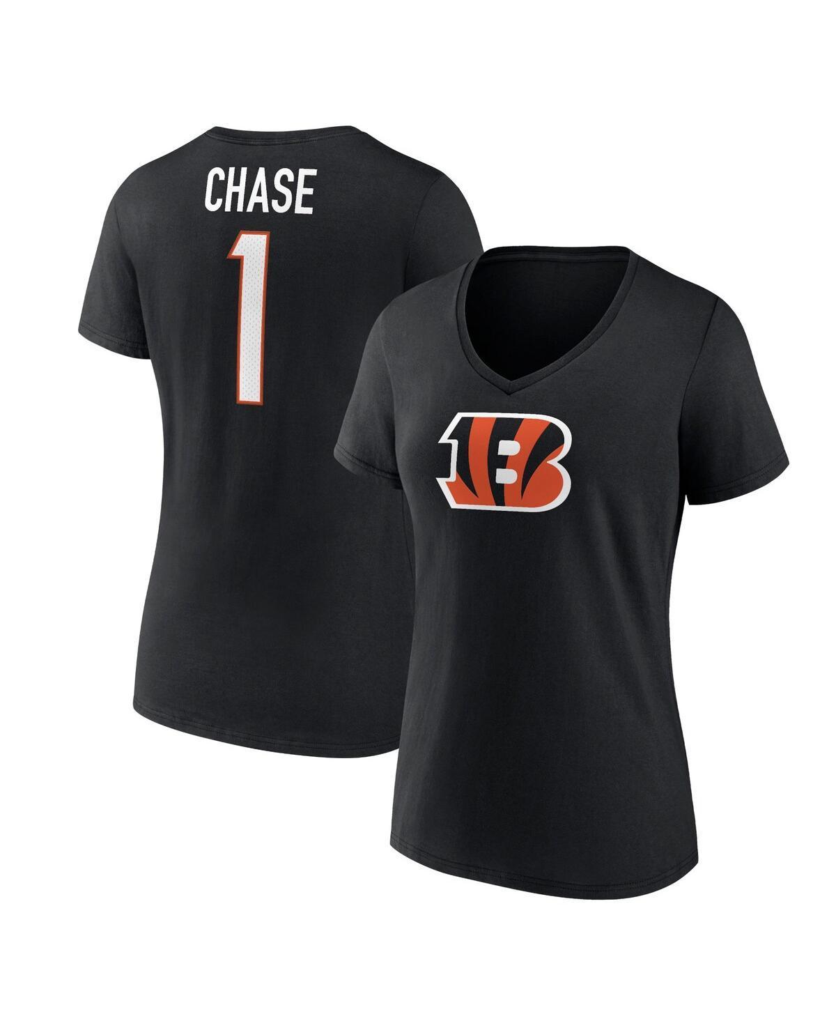 Womens Fanatics JaMarr Chase Black Cincinnati Bengals Player Icon Name and Number V-Neck T-shirt Product Image