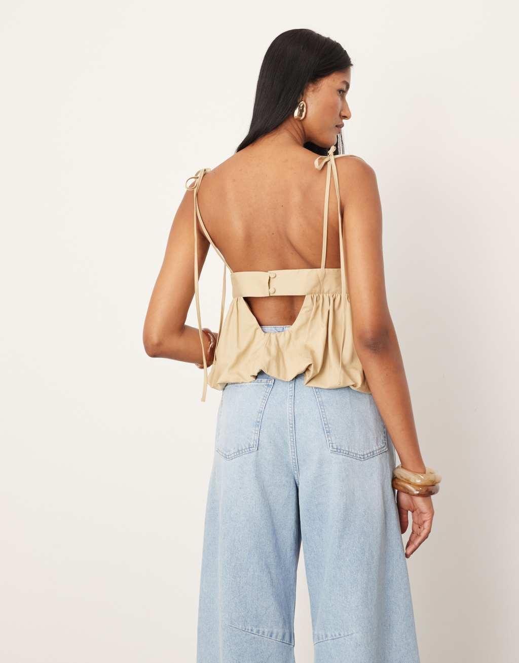 ASOS EDITION bubble hem strappy top in stone Product Image