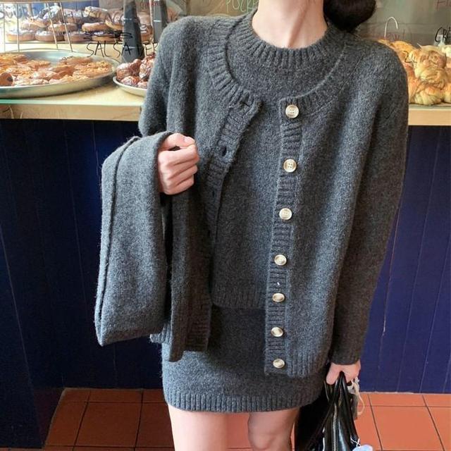 Short Sleeve Crew Neck Plain Sweater / Round Neck Cardigan / High Waist Knit Mini Pencil Skirt / Scarf Product Image