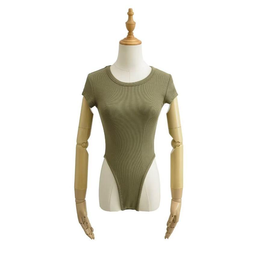 Short-Sleeve Round Neck Plain Ribbed Bodysuit Top Product Image