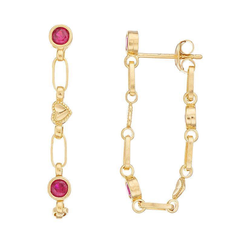 Kristen Kesho Sterling Silver Lab-Created Ruby Front-to-Back Heart Link Chain Hoop Earrings, Womens, Gold Tone Product Image