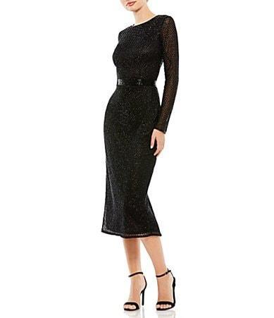 Mac Duggal Long Sleeve Crew Neck Beaded Midi Sheath Dress Product Image