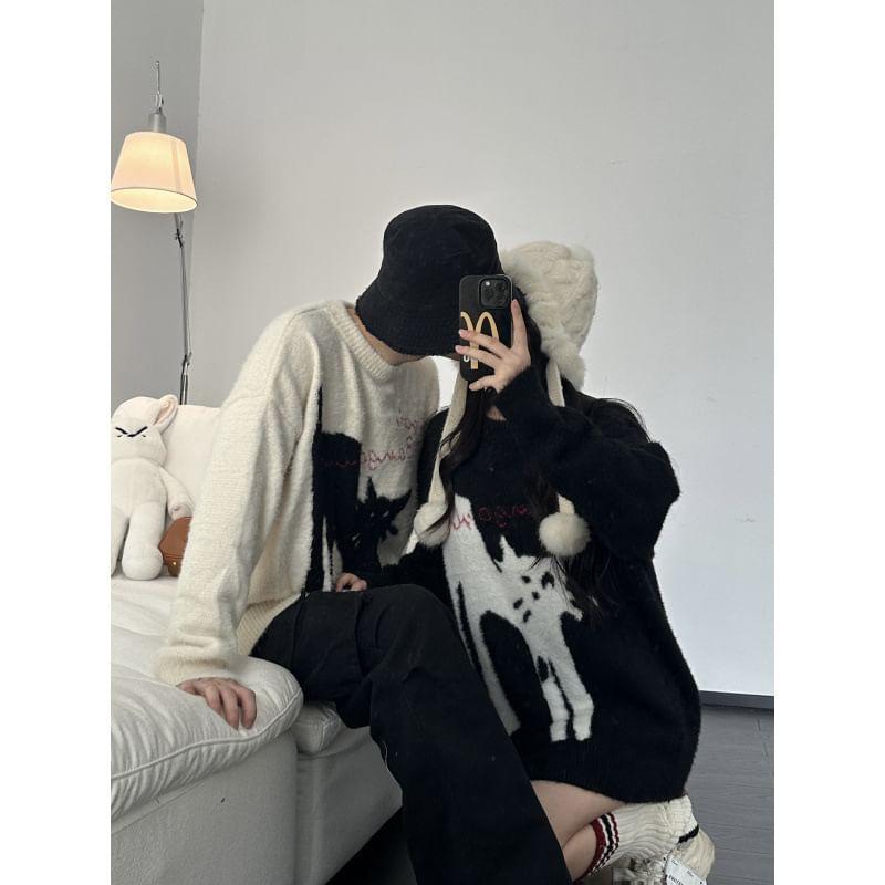 Couple Matching Crew Neck Cat Jacquard Sweater Product Image