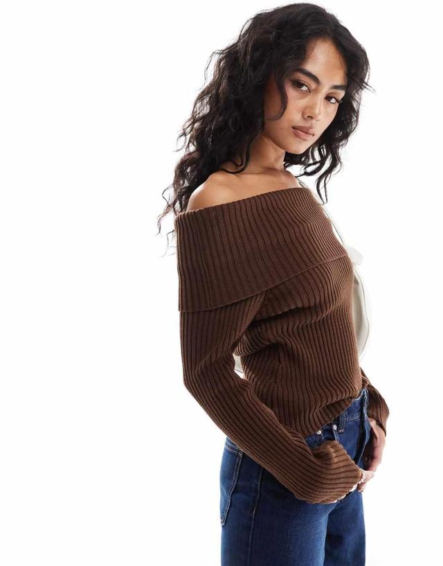 ASOS DESIGN knit fold over off the shoulder top in chocolate brown Product Image