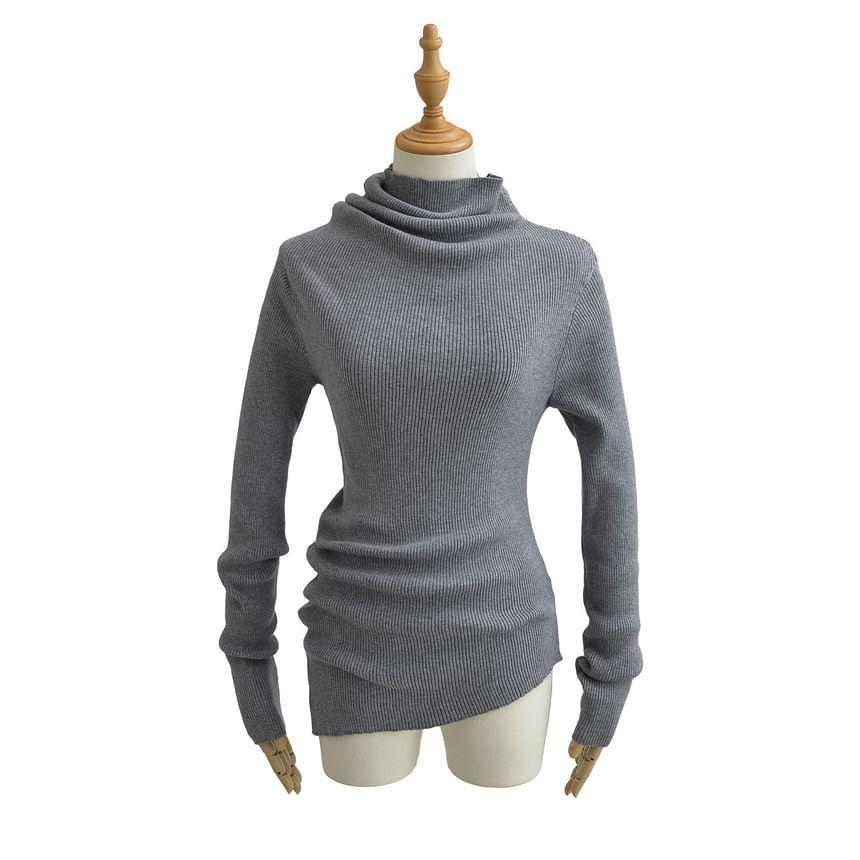 Long-Sleeve High Neck Asymmetrical Ribbed Knit Top Product Image