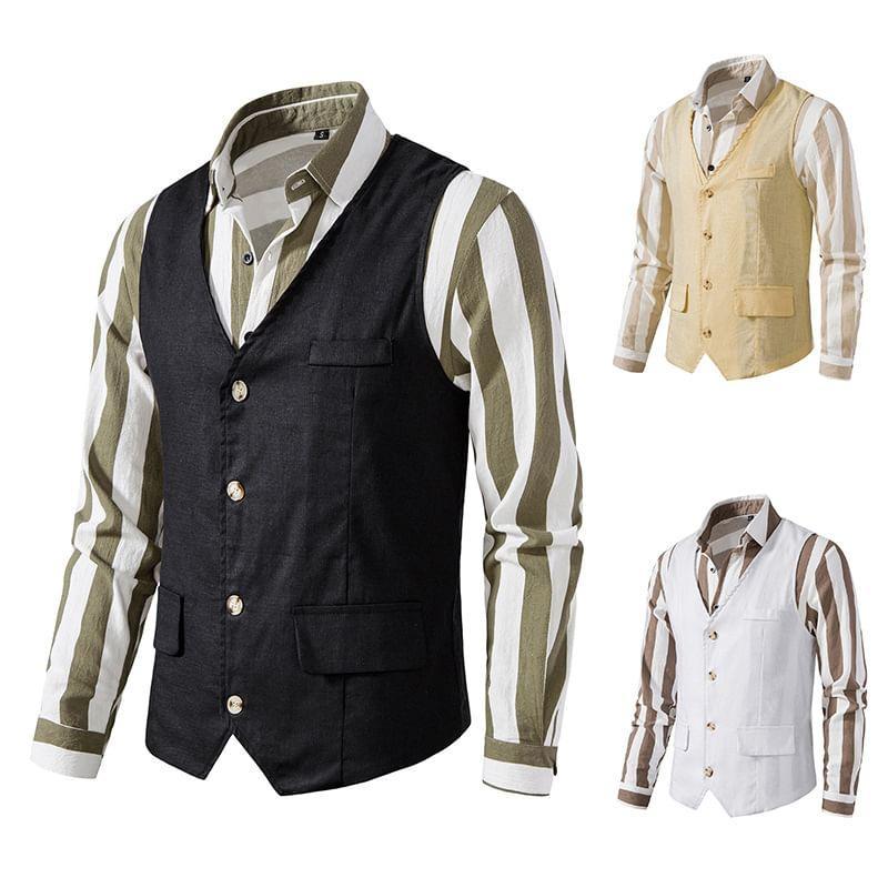 V-Neck Plain Button Vest Product Image