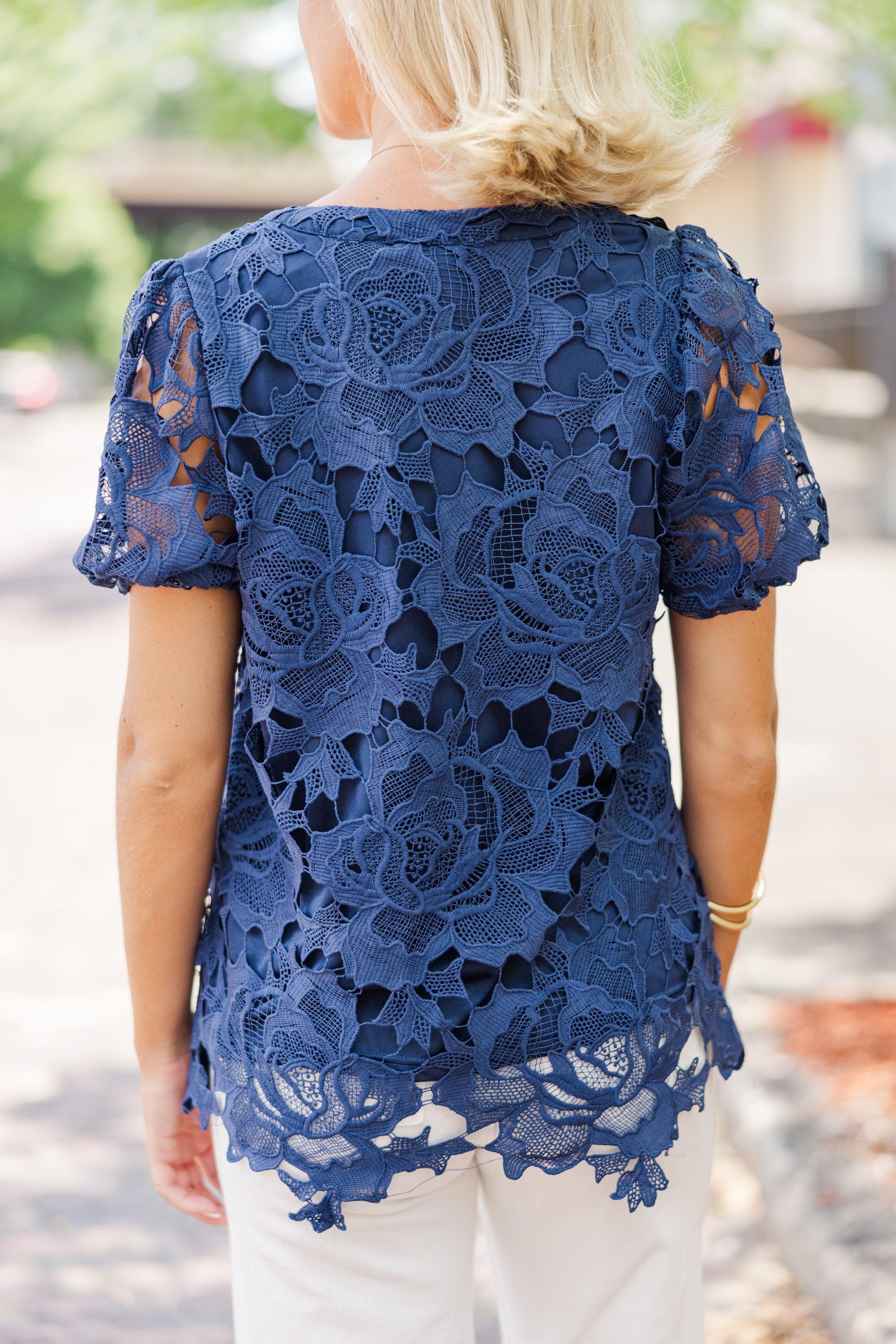 Detailed Dreams Navy Blue Lace Blouse Female Product Image