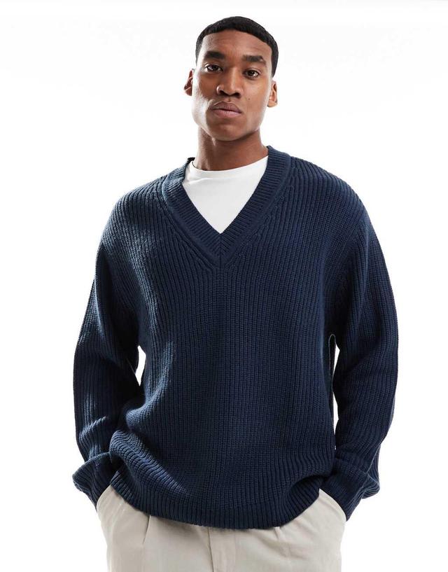 ASOS DESIGN oversized knit fisherman ribbed V-neck sweater in navy Product Image