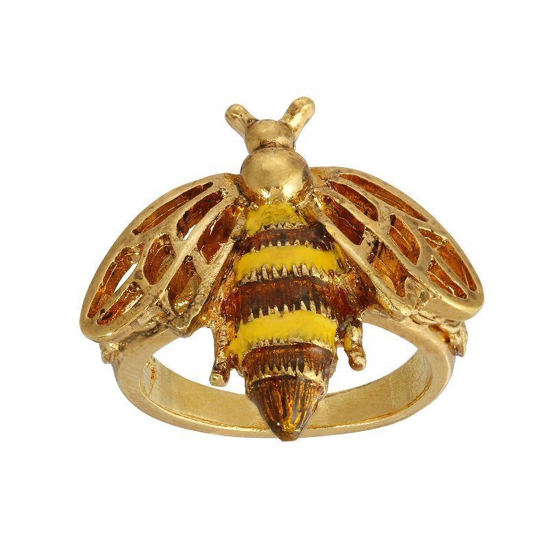 1928 Gold Tone Yellow & Brown Enamel Bee Ring - Size 8, Womens Product Image