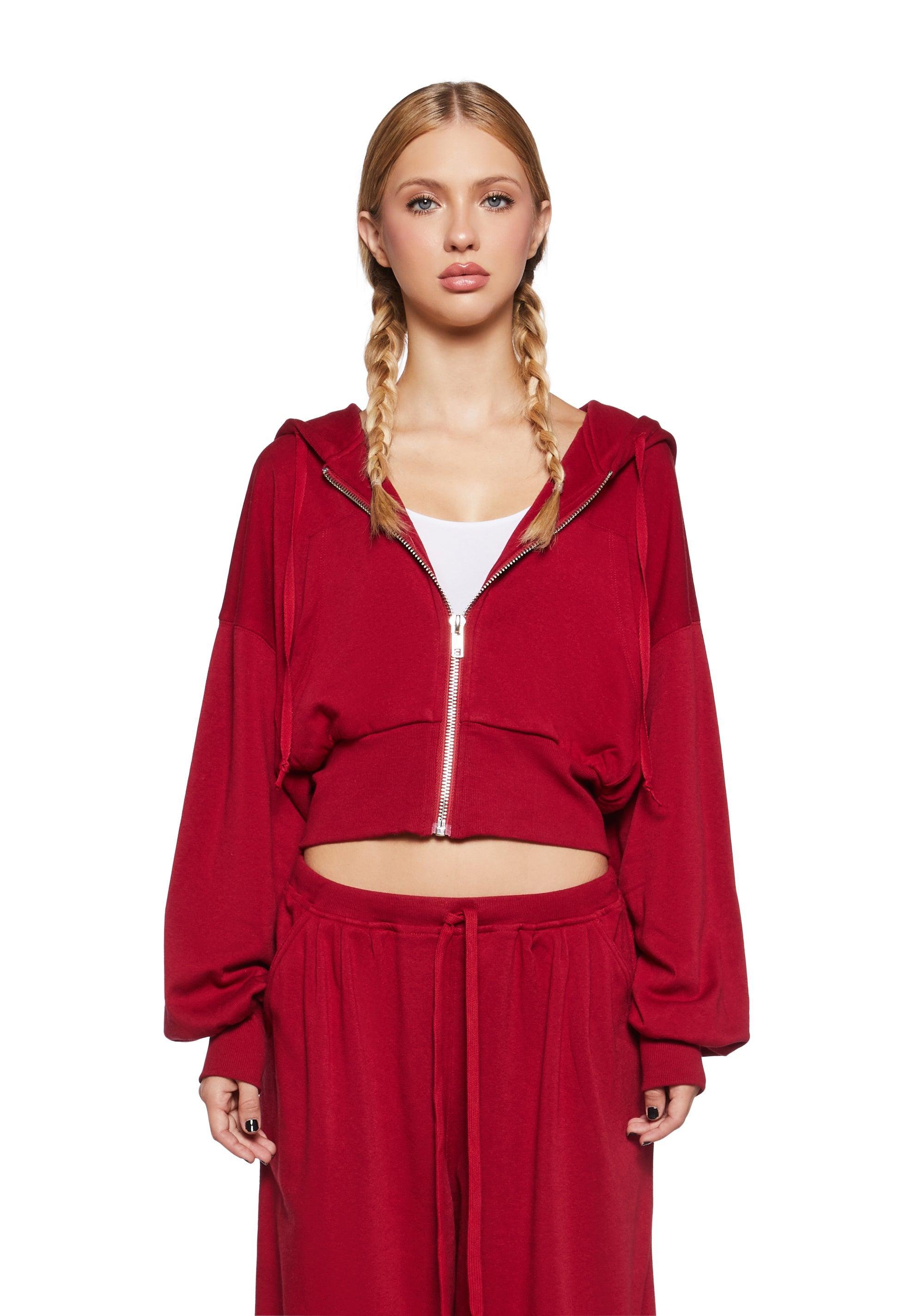 Stretchy Soft Knit Zip-Up Hoodie - Red Product Image