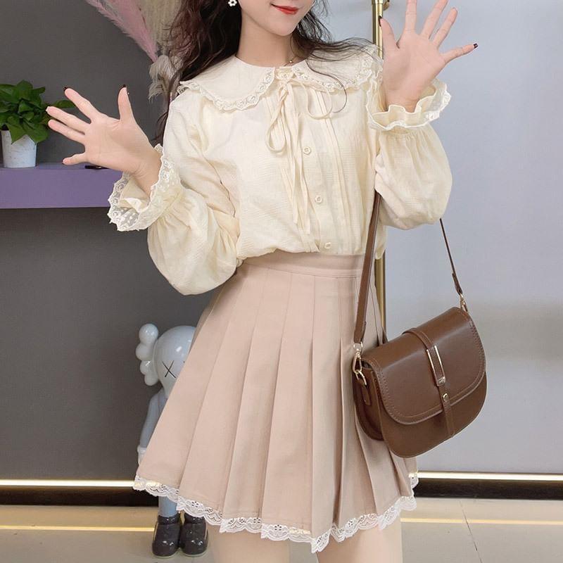 Long-Sleeve Plain Bow Lace Trim Blouse product image