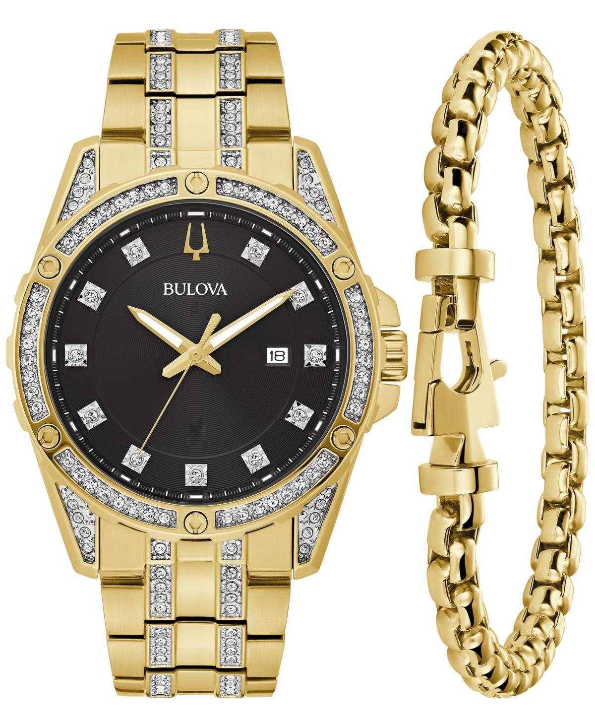 Bulova Mens Classic Crystal Gold-Tone Stainless Steel Bracelet Watch Box Set 43mm Product Image