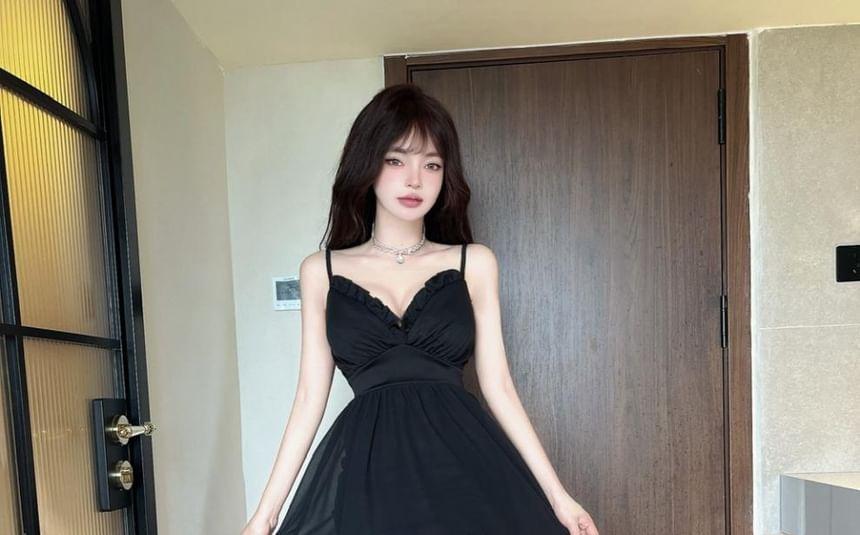 Spaghetti Strap Plain Ruffle Trim High Low A-Line Dress Product Image