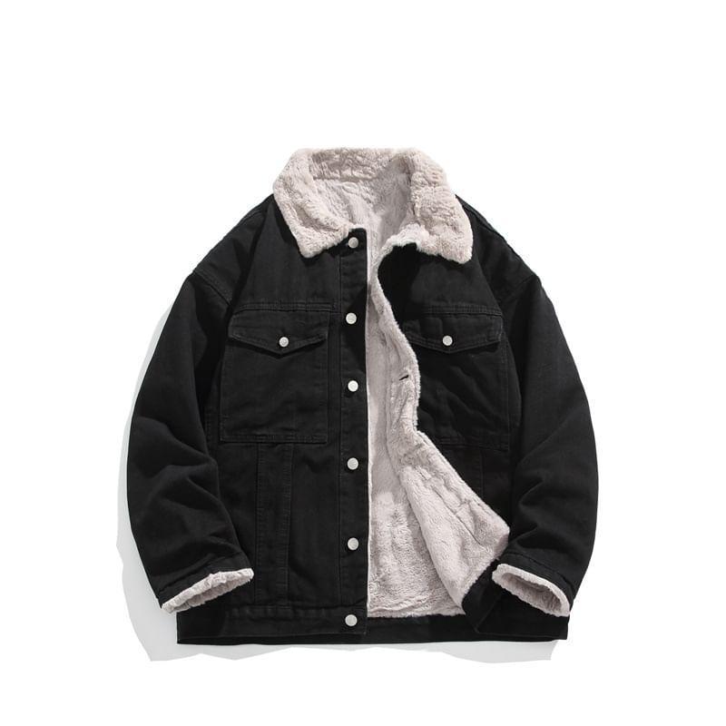 Fleece Lined Collared Button-Up Denim Jacket Product Image