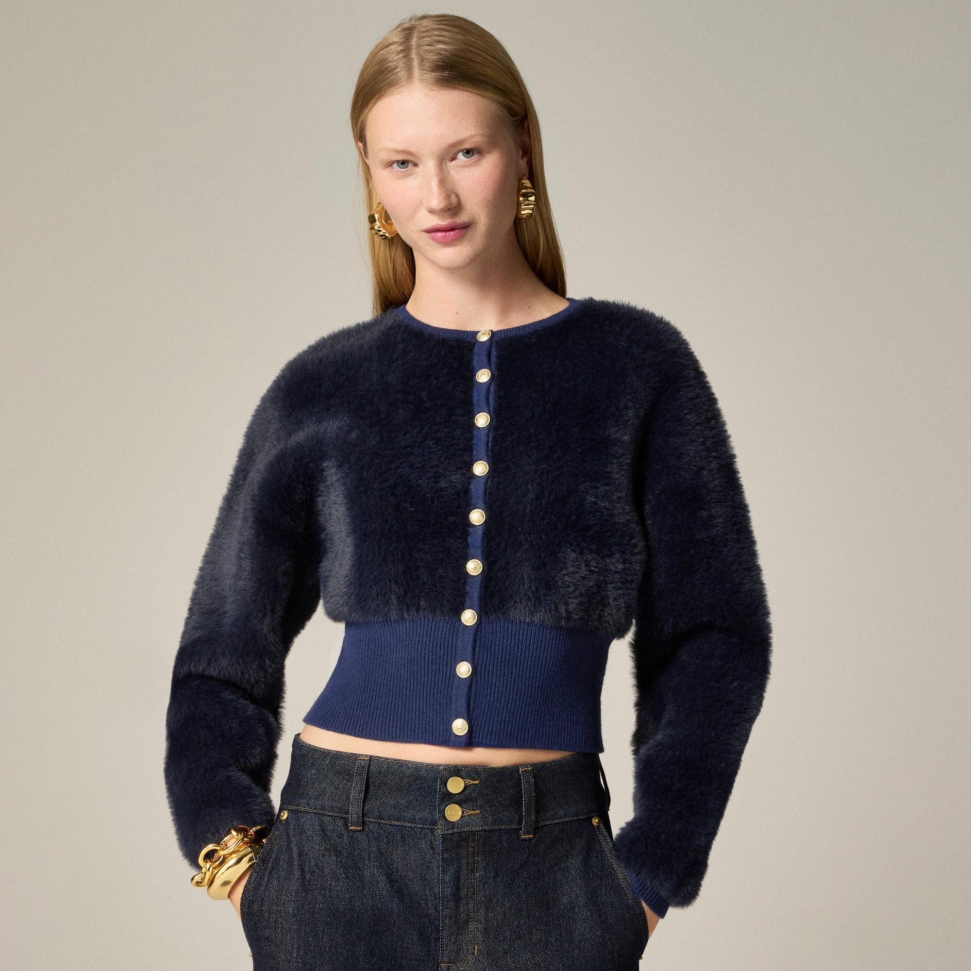 Fitted-waist cardigan sweater in fuzzy yarn Product Image