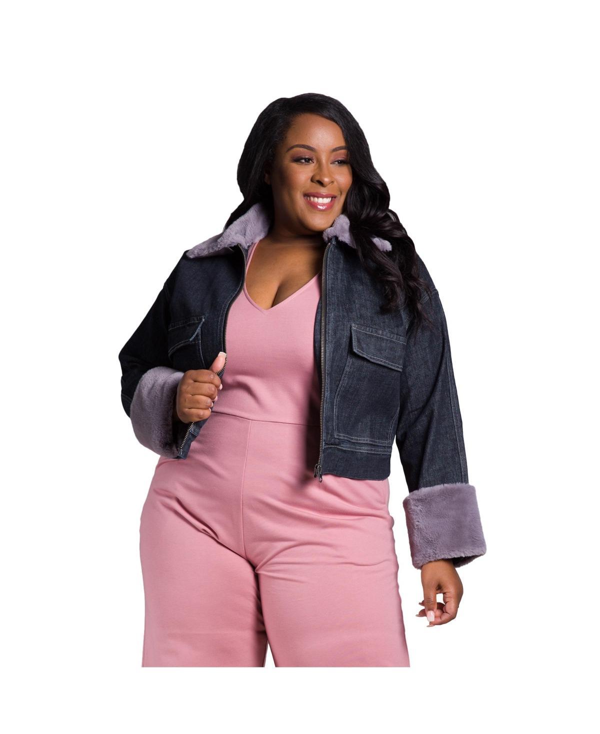 Womens Plus Size Curvy Fit Zip Up Faux Fur Trim Trucker Jacket Product Image