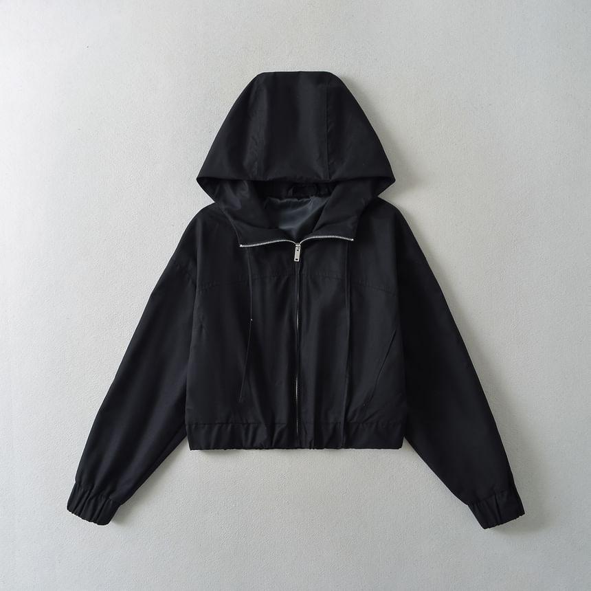 Hooded Plain Zip Up Jacket Product Image