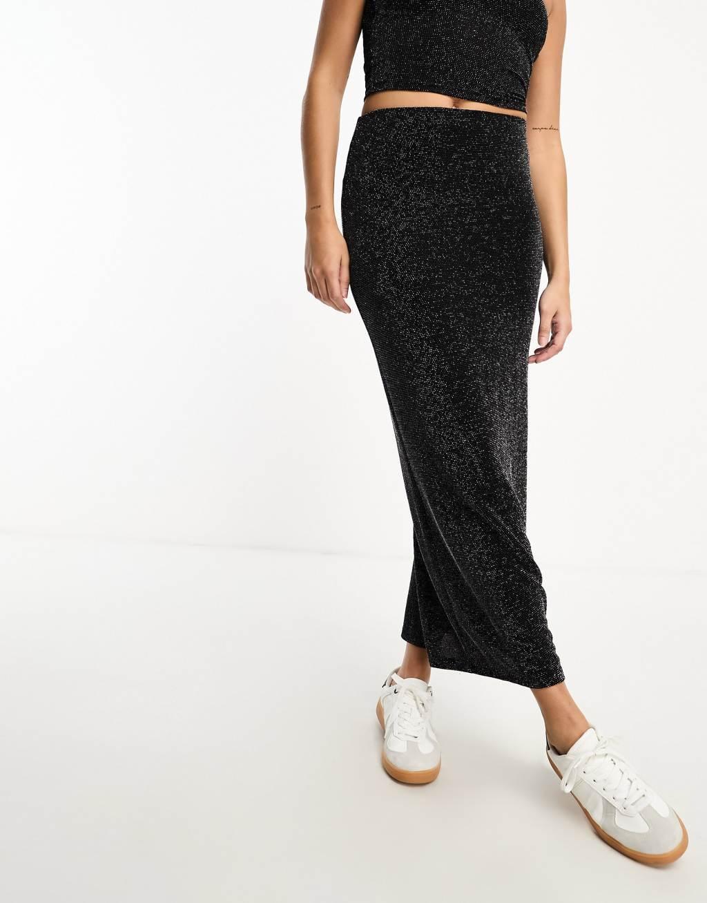 Pull&Bear glitter slinky maxi skirt in black - part of a set Product Image