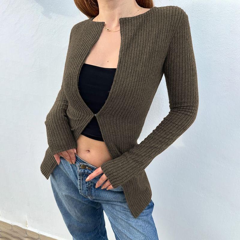 Long Sleeve Plain Ribbed-Knit Slim-Fit Cardigan Product Image