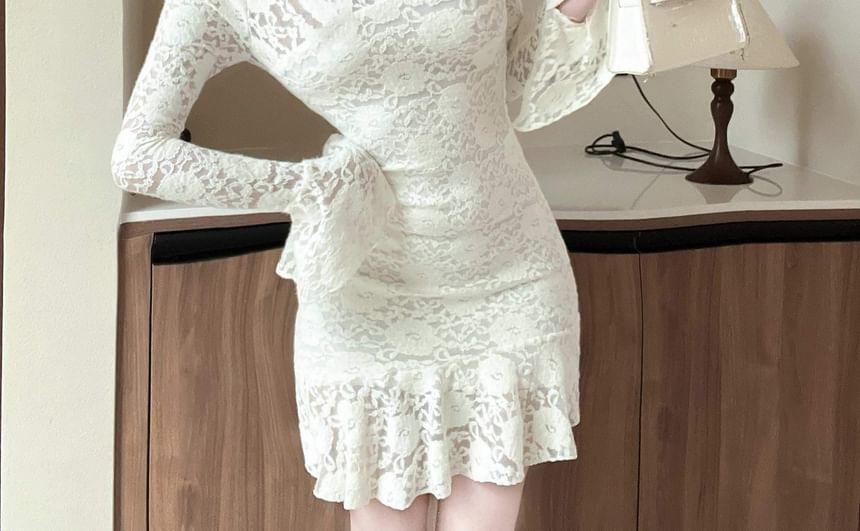 Long Sleeve V-Neck Floral Lace Ruffle Hem Bodycon Mini Dress Product Image