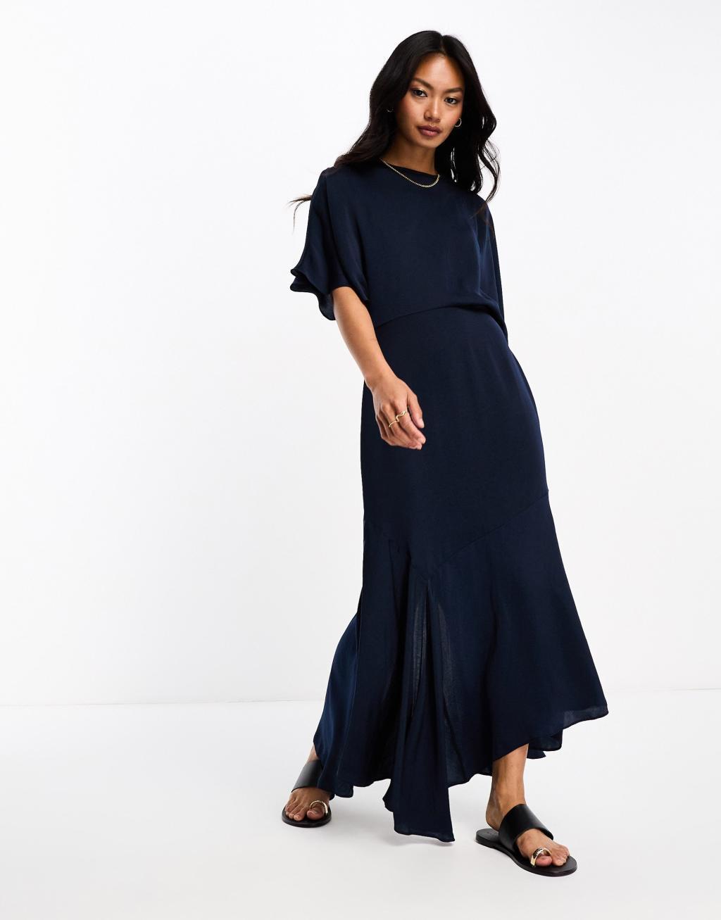 ASOS DESIGN satin flutter sleeve asymmetric hem midi dress in navy Product Image